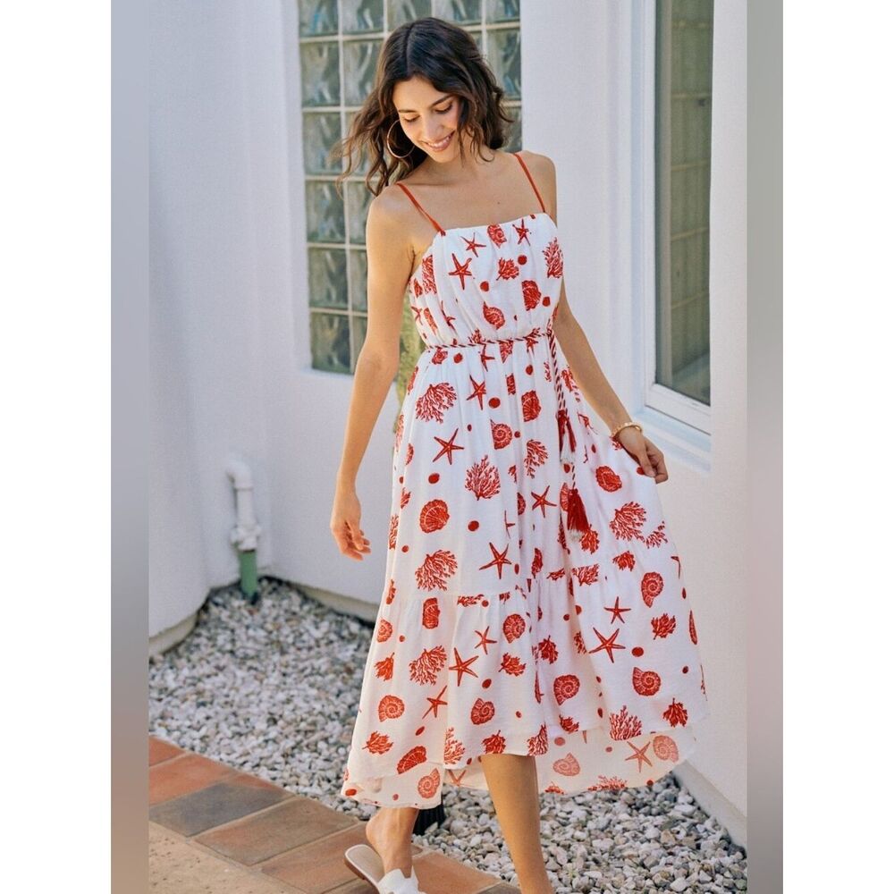 White & Red Coral-Print Spaghetti Strap Midi Dress